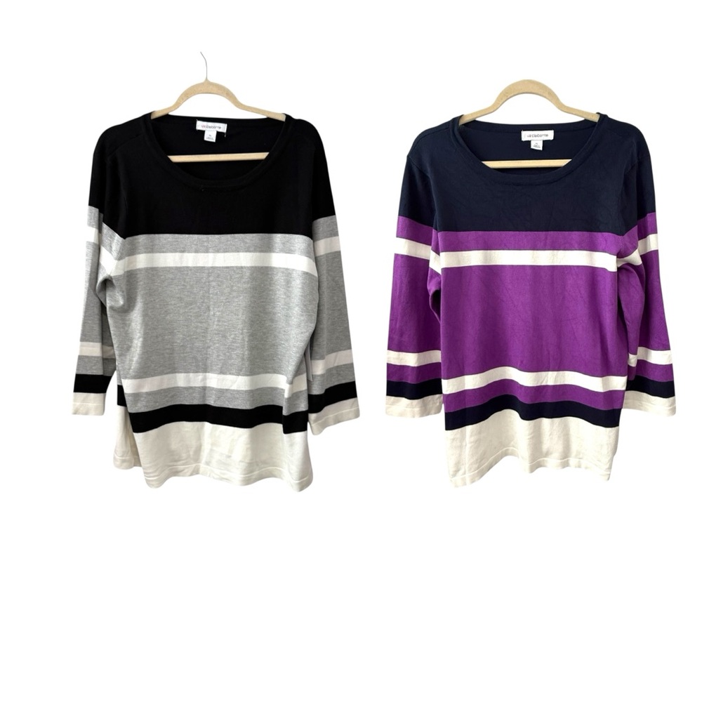Bundle of 2 Liz Claiborne Striped Sweaters XL Black Gray Purple Navy White